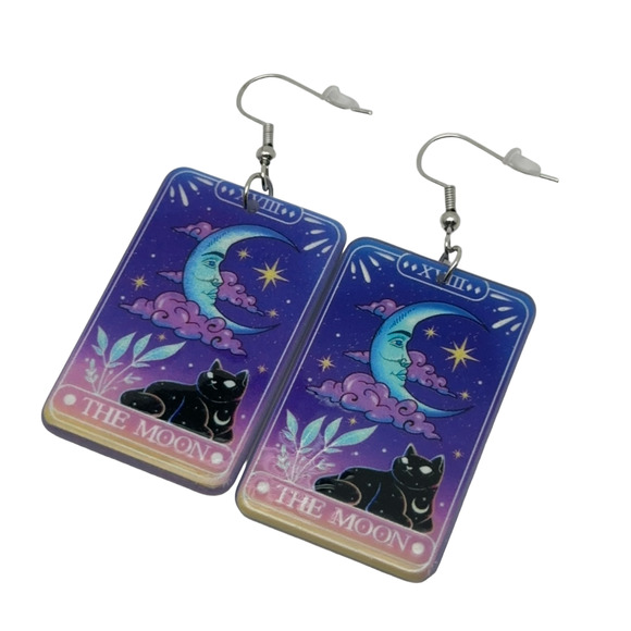 Tarot Card Moon Black Cat Earrings Celestial Magic Mystical Goth w/ Gift Box NEW - Picture 5 of 6